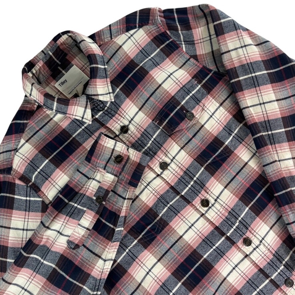 Tilley Organic Cotton Plaid Flannel Shirt Men's‎ M Blue Pink Cream Button Up